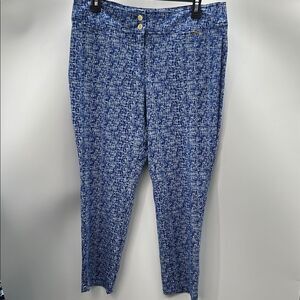 Anne Klein Blue and White Patterned Fabric Ankle Cropped Fitted Pants